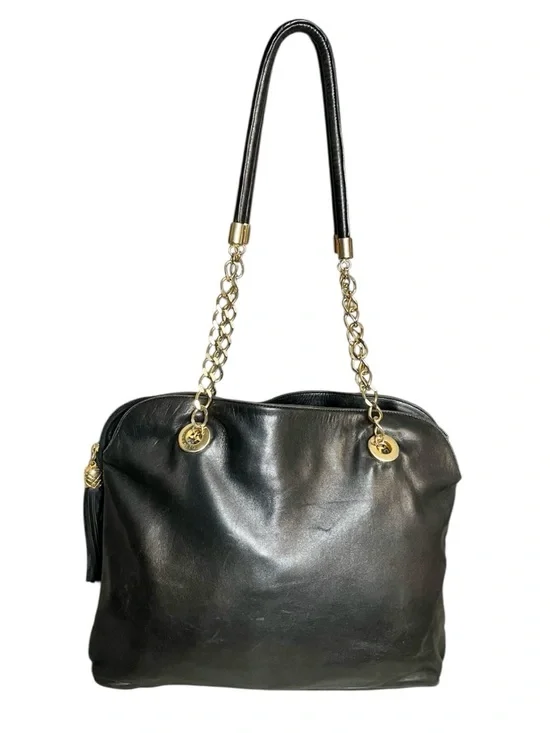 Via Veneto Vintage Black Leather Triple Compartment Tote Dual Gold Chain Handles - Picture 2 of 13